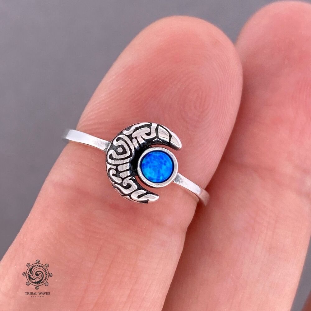Crescent Moon Ring Sterling Silver 925 Blue Lab Opal 8 mm Size 4 Midi Pinky USA